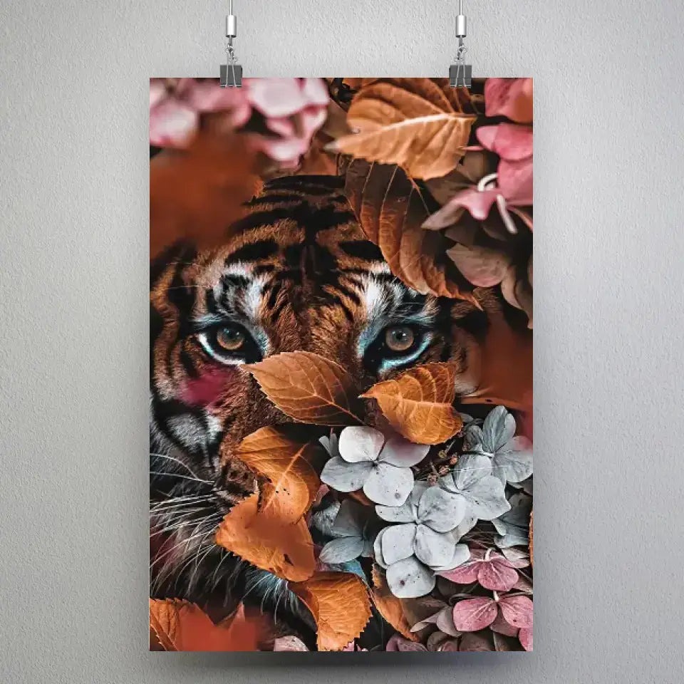 Tableau tigre feuillage en affiche suspendue par des pinces sur un mur gris
