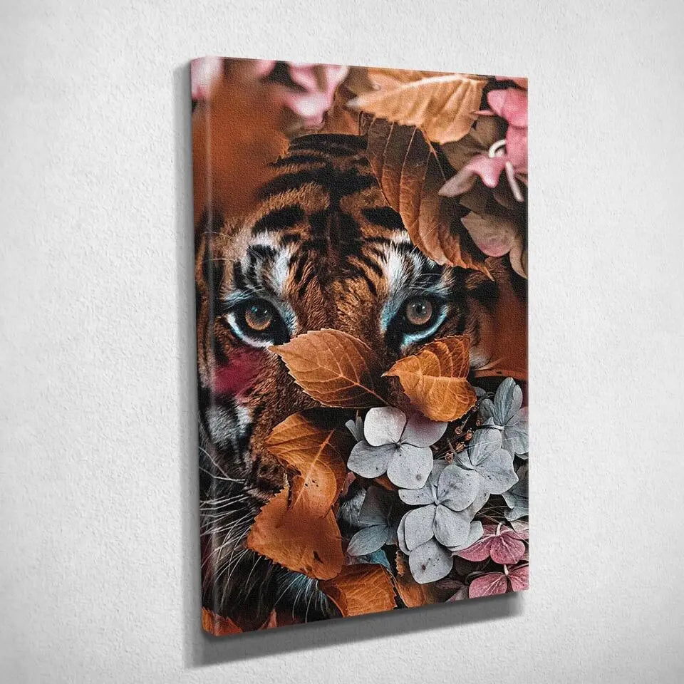 Tableau tigre feuillage sur toile, vue montrant l'épaisseur du châssis