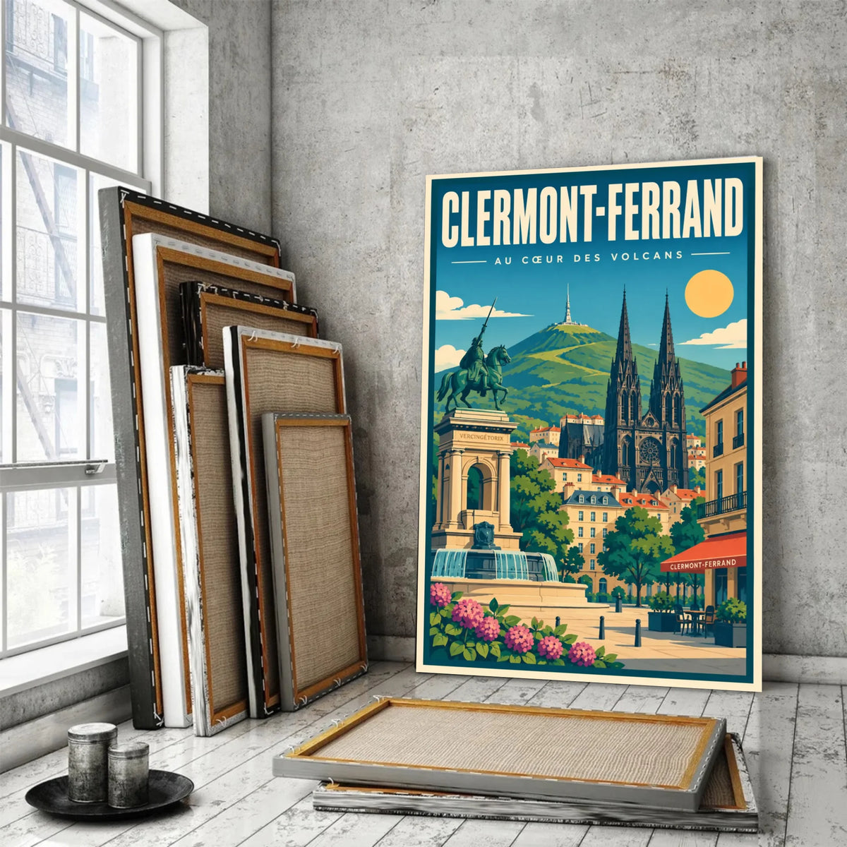 Tableau décoratif Clermont-Ferrand dans un cadre en bois clair, gros plan