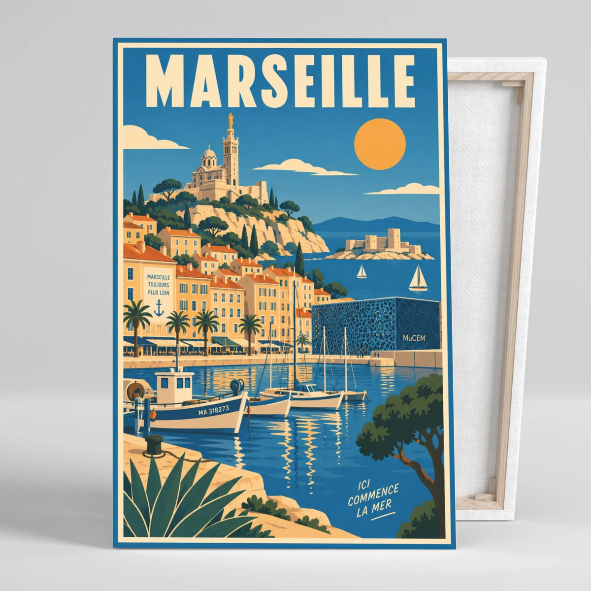 Tableau Ville de Marseille Vue sur la Baie sur toile, vue montrant l'épaisseur du châssis