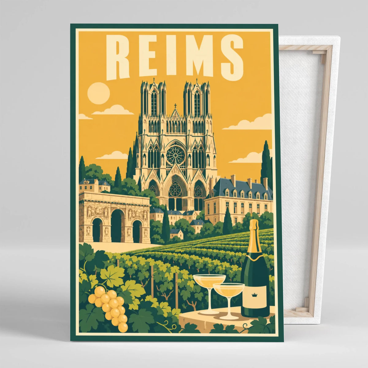 Tableau Ville de Reims Cathédrale et Vignobles sur toile, vue montrant l'épaisseur du châssis