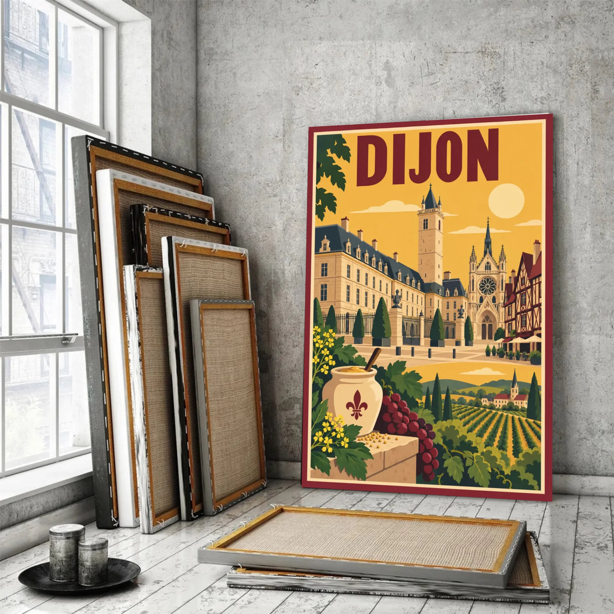 Tableau décoratif Dijon dans un cadre en bois clair, gros plan