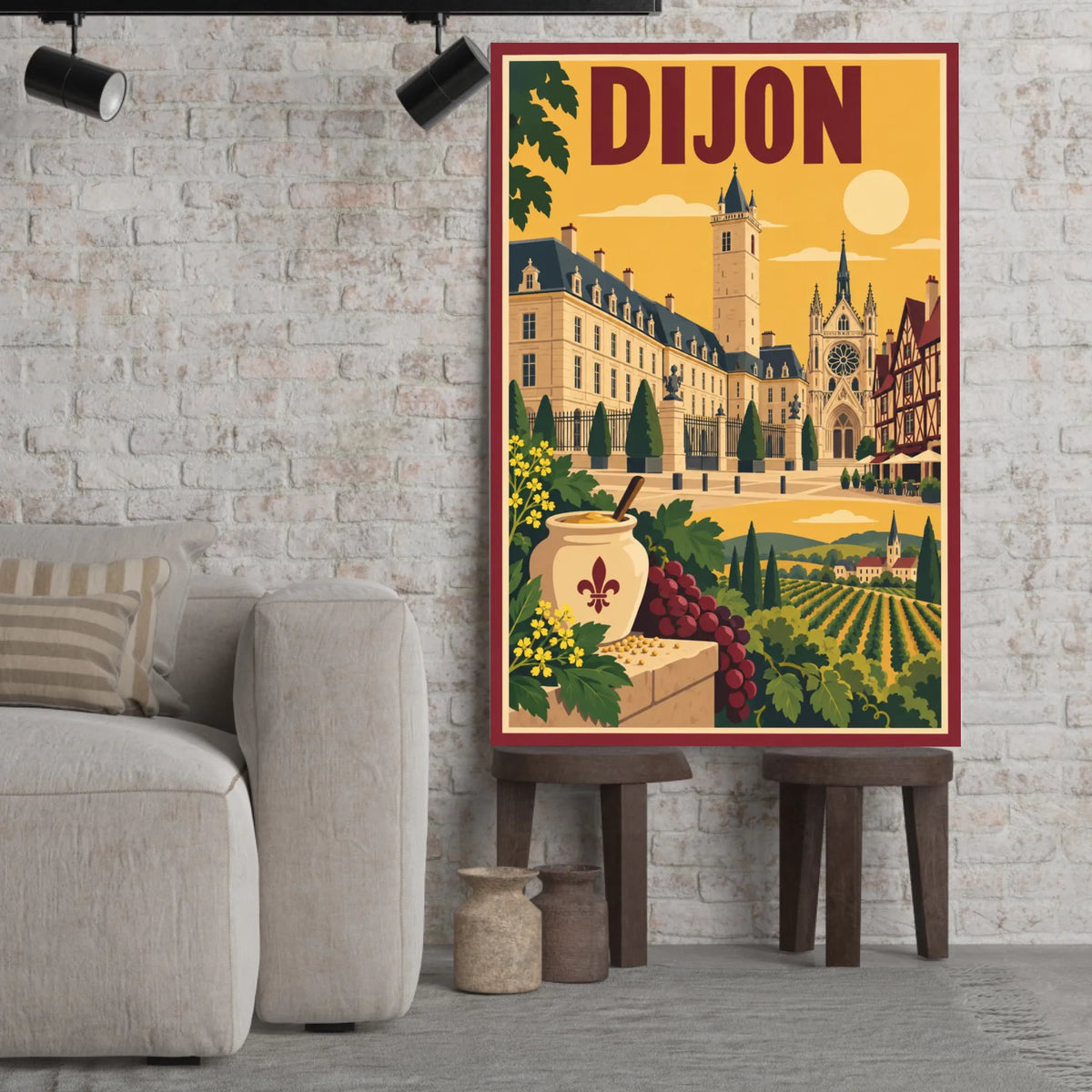 Tableau décoratif Dijon dans un cadre en bois clair, incliné