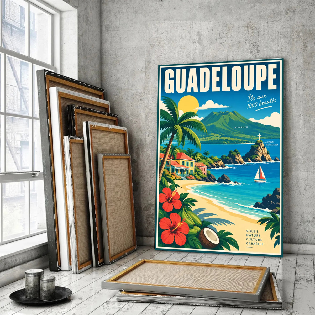 Tableau décoratif Guadeloupe dans un cadre en bois clair, gros plan