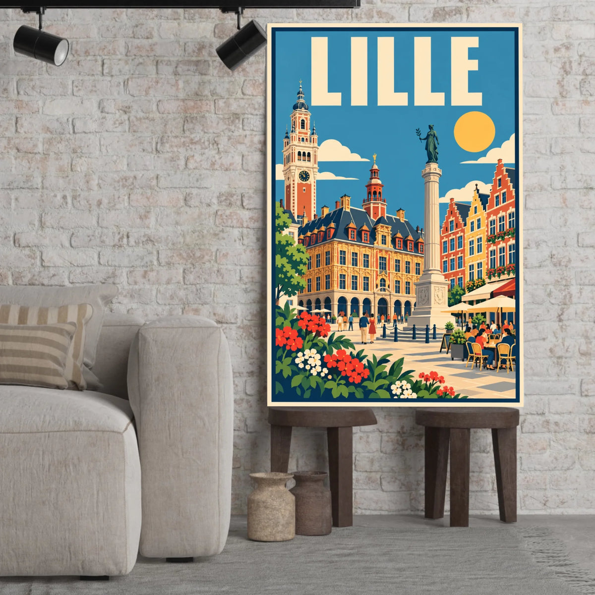 Tableau décoratif Lille dans un cadre en bois clair, incliné