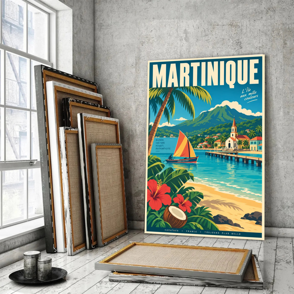 Tableau décoratif Martinique dans un cadre en bois clair, gros plan