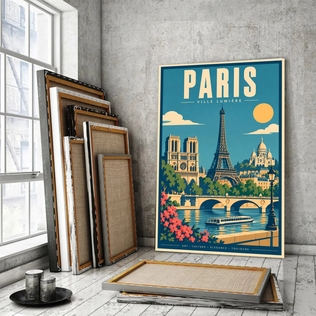 Tableau décoratif Paris dans un cadre en bois clair, gros plan