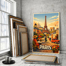 Tableau décoratif Paris terrasse Montmartre dans un cadre en bois clair, gros plan