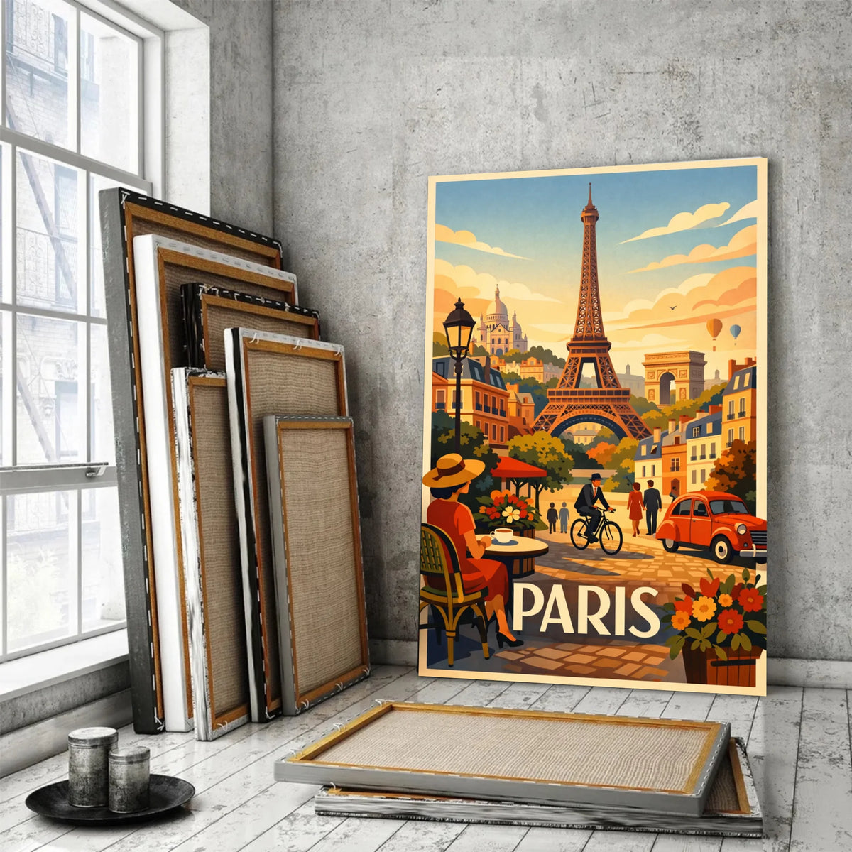 Tableau décoratif Paris terrasse Montmartre dans un cadre en bois clair, gros plan