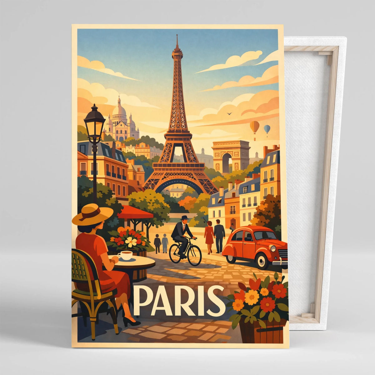 Tableau décoratif Paris terrasse Montmartre, affiche vintage, gros plan incliné