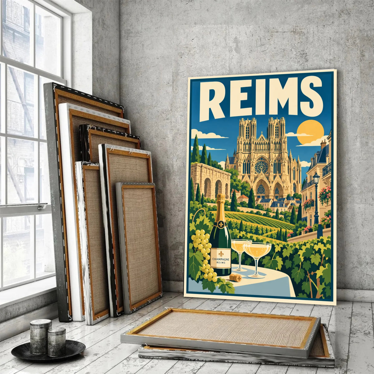 Tableau décoratif Reims dans un cadre en bois clair, gros plan