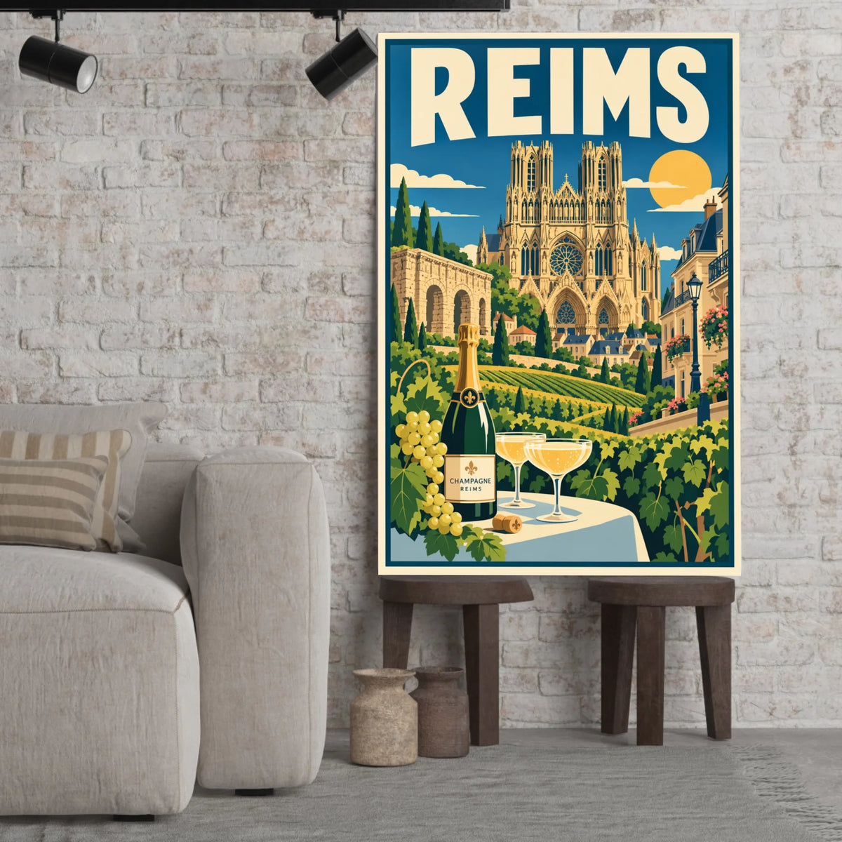 Tableau décoratif Reims dans un cadre en bois clair, incliné