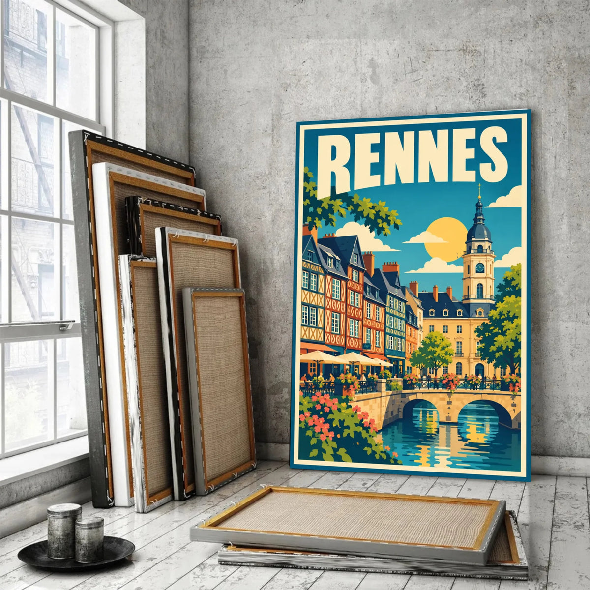Tableau décoratif Rennes dans un cadre en bois clair, gros plan