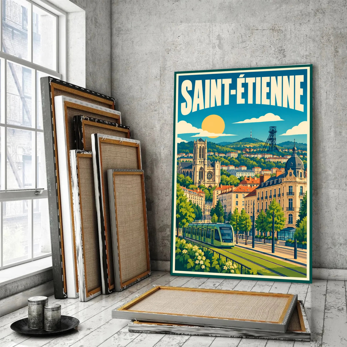 Tableau décoratif Saint-Étienne dans un cadre en bois clair, gros plan