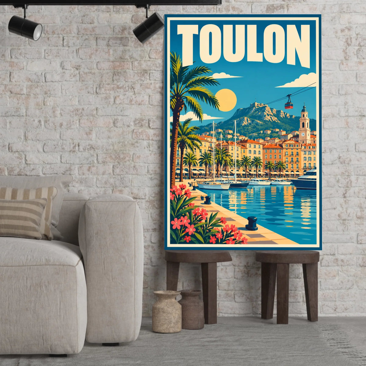 Tableau décoratif Toulon dans un cadre en bois clair, incliné