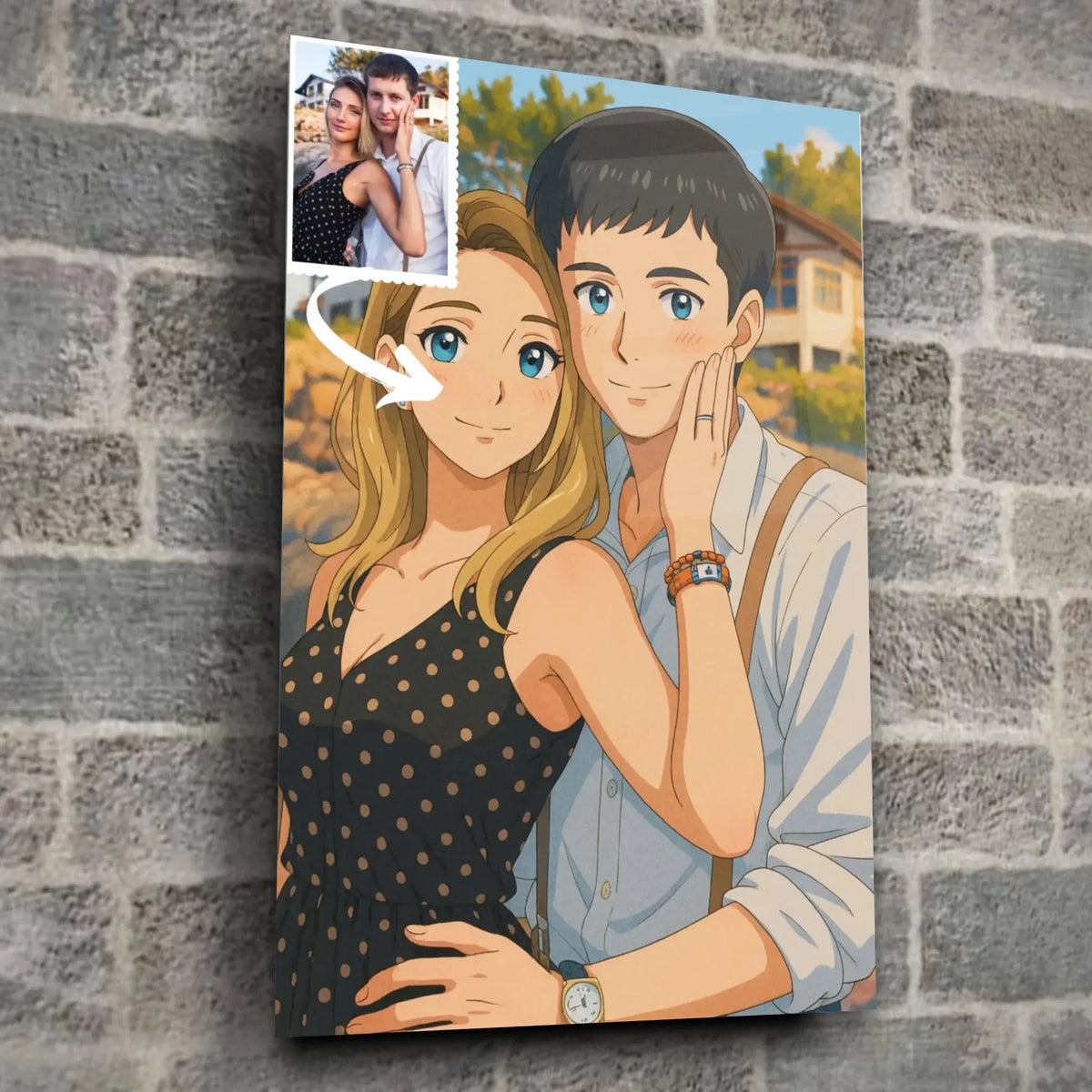 Toile style anime japonais manga dans un loft, entourée de cadres en bois, portrait de couple