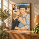 Toile personnalisée style anime japonais manga posée sur un meuble bas, décoration salon