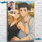 Toile personnalisée style anime japonais manga sur mur de pierre grise, portrait de couple
