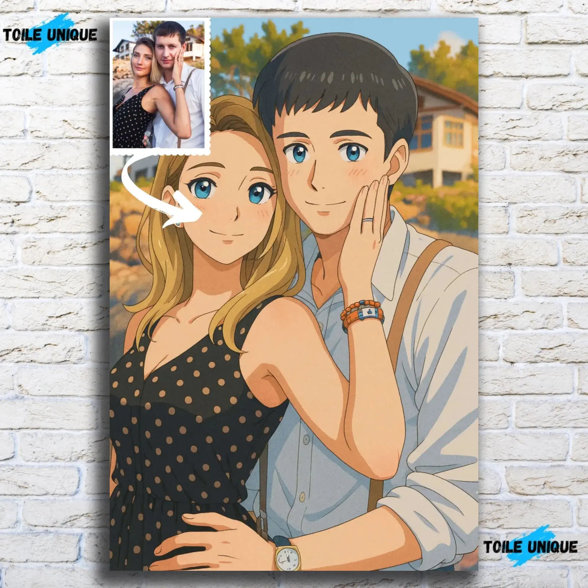 Toile personnalisée style anime japonais manga sur mur de pierre grise, portrait de couple