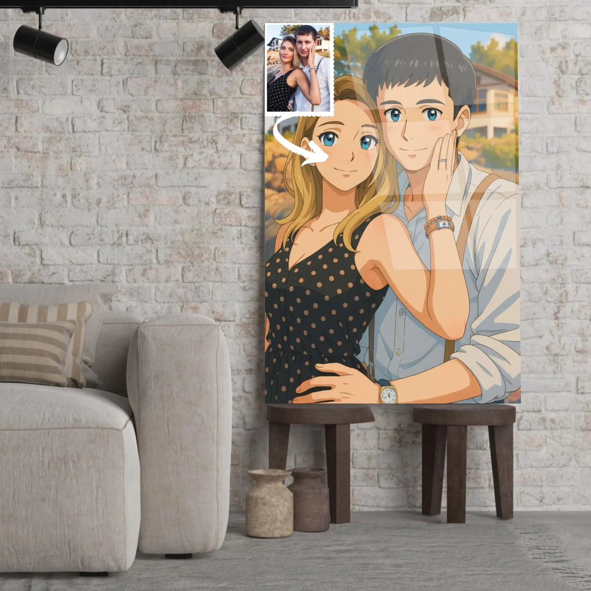 Toile personnalisée style anime japonais manga posée sur un tabouret, salon lumineux, portrait de couple
