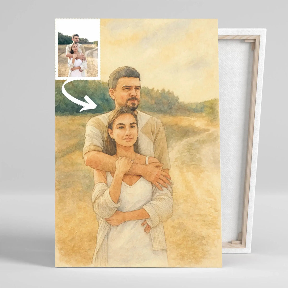 Toile sur châssis bois personnalisée effet peinture aquarelle, portrait de couple, tranche visible