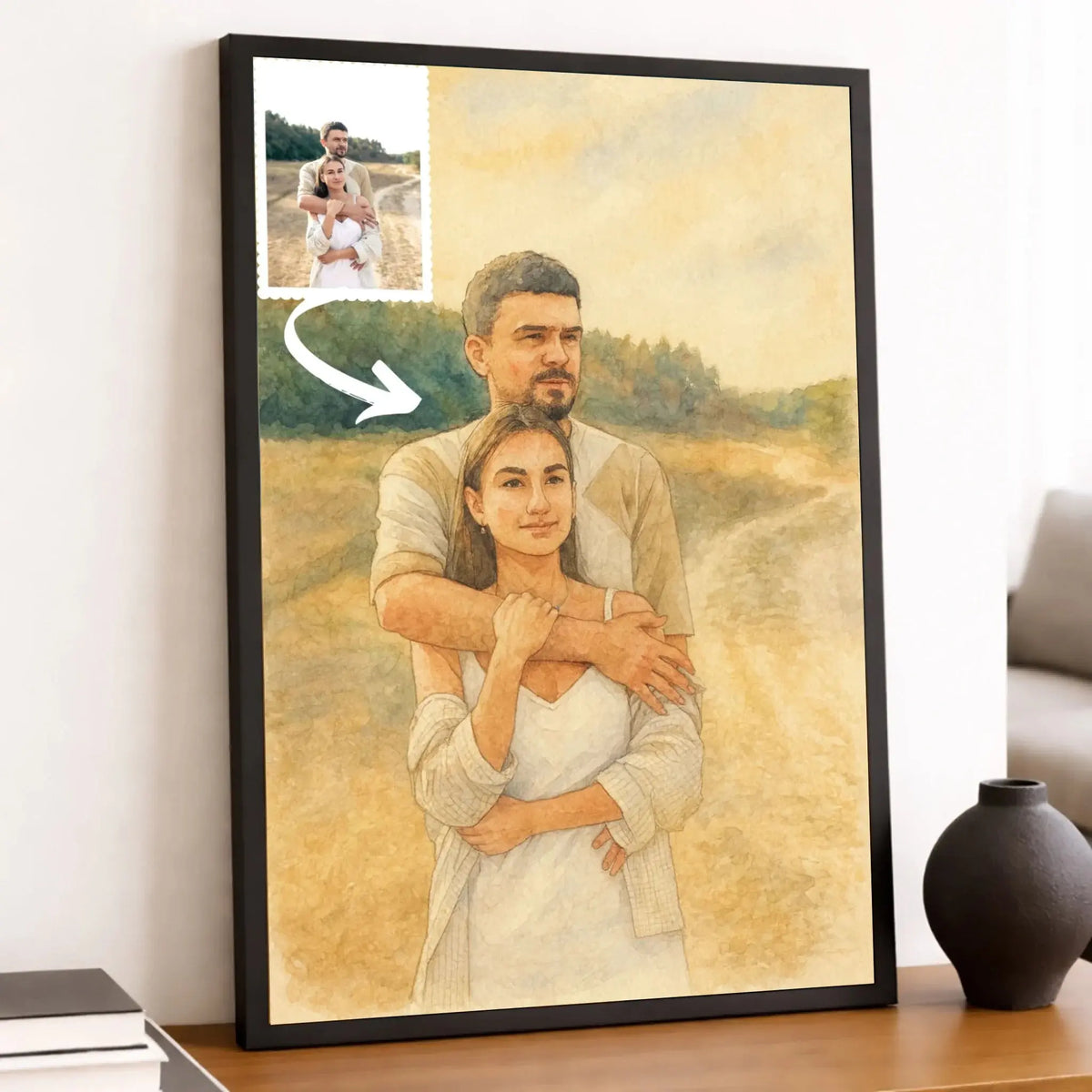 Toile personnalisée effet peinture aquarelle, portrait de couple, décoration salon