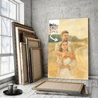 Toile effet peinture aquarelle dans un loft, entourée de cadres en bois, portrait de couple