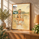 Toile personnalisée effet peinture aquarelle posée sur un meuble bas, décoration salon