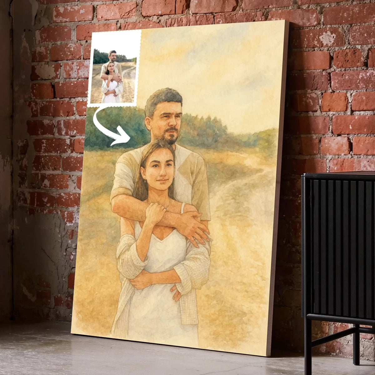 Toile personnalisée effet peinture aquarelle sur mur de briques, portrait de couple, cadeau original