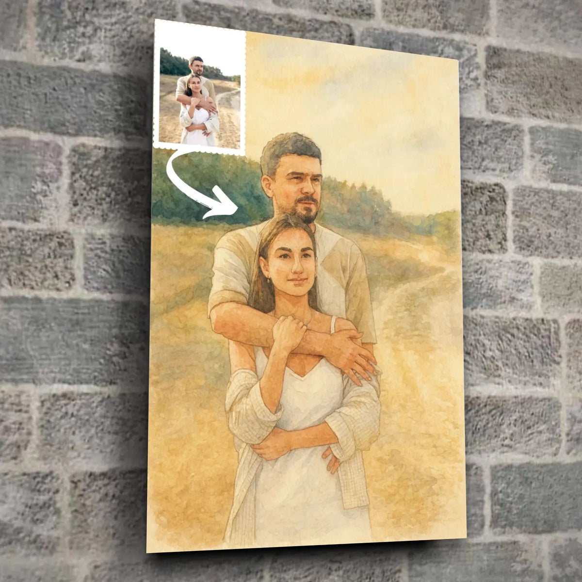 Toile personnalisée effet peinture aquarelle sur mur de pierre grise, portrait de couple