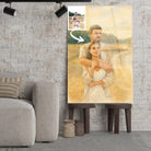 Toile personnalisée effet peinture aquarelle posée sur un tabouret, salon lumineux, portrait de couple