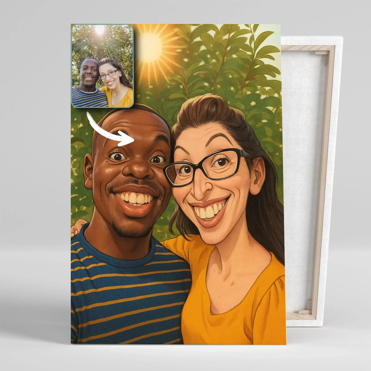 Toile sur châssis bois personnalisée style caricature, portrait de couple, tranche visible