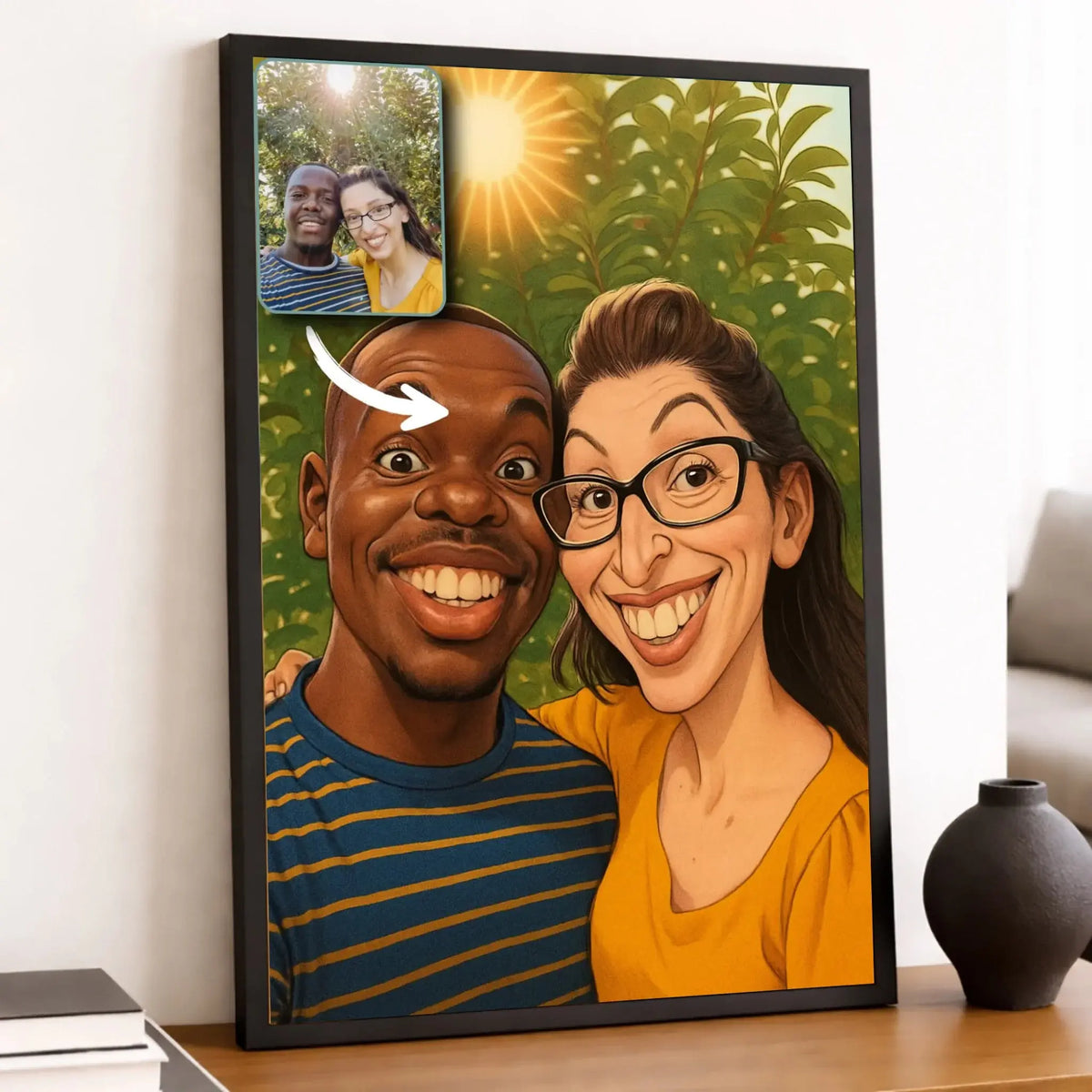 Toile personnalisée style caricature, portrait de couple, décoration salon