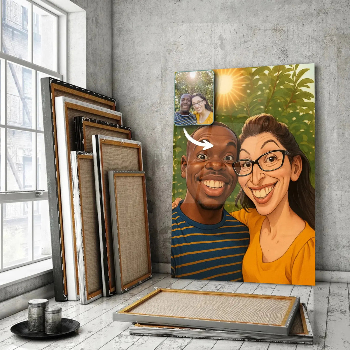 Toile style caricature dans un loft, entourée de cadres en bois, portrait de couple