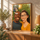 Toile personnalisée style caricature posée sur un meuble bas, décoration salon