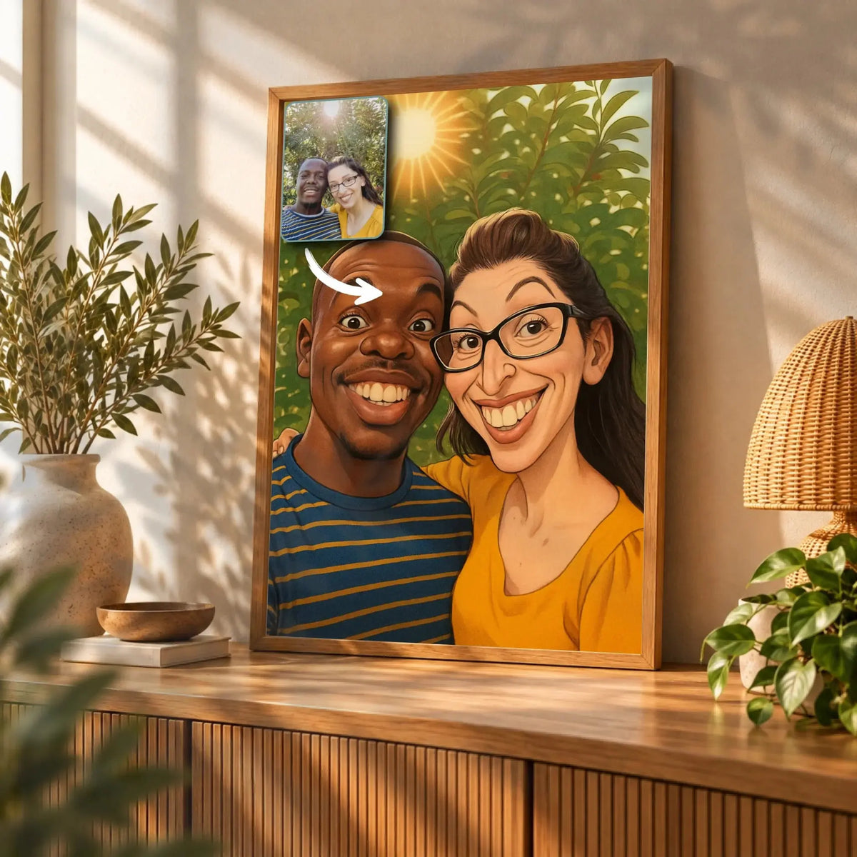 Toile personnalisée style caricature posée sur un meuble bas, décoration salon