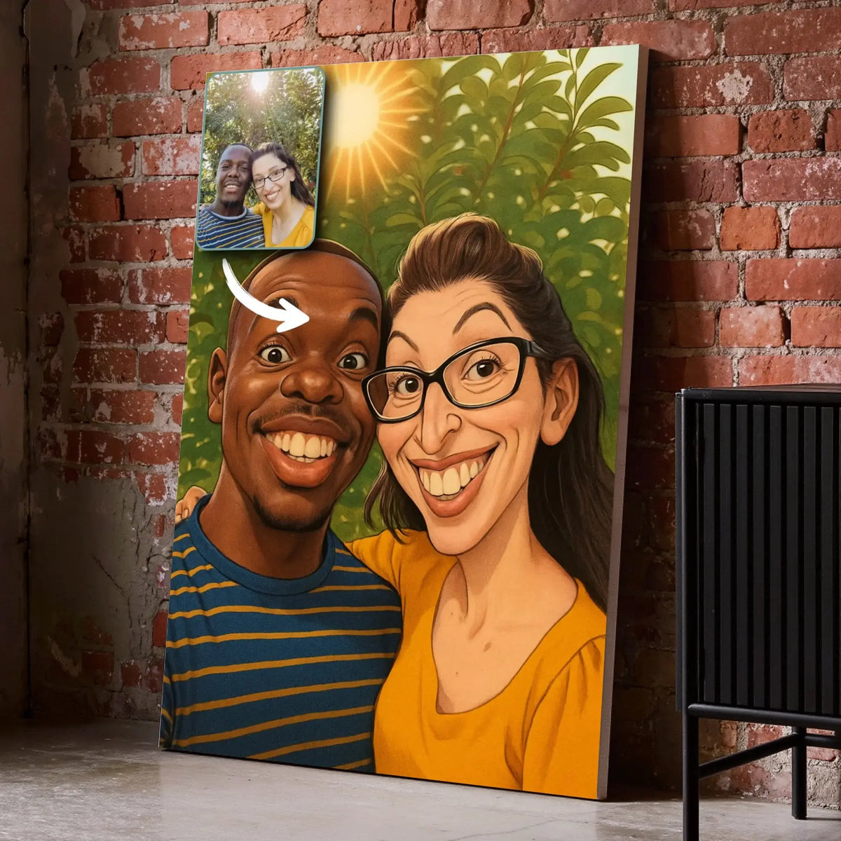 Toile personnalisée style caricature sur mur de briques, portrait de couple, cadeau original