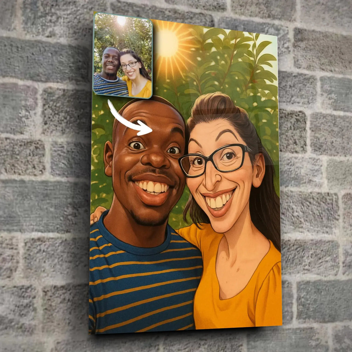 Toile personnalisée style caricature sur mur de pierre grise, portrait de couple