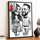 Toile personnalisée style caricature noir et blanc, portrait de couple, décoration salon