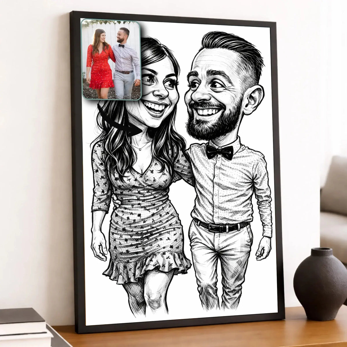 Toile personnalisée style caricature noir et blanc, portrait de couple, décoration salon