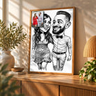 Toile personnalisée style caricature noir et blanc posée sur un meuble bas, décoration salon