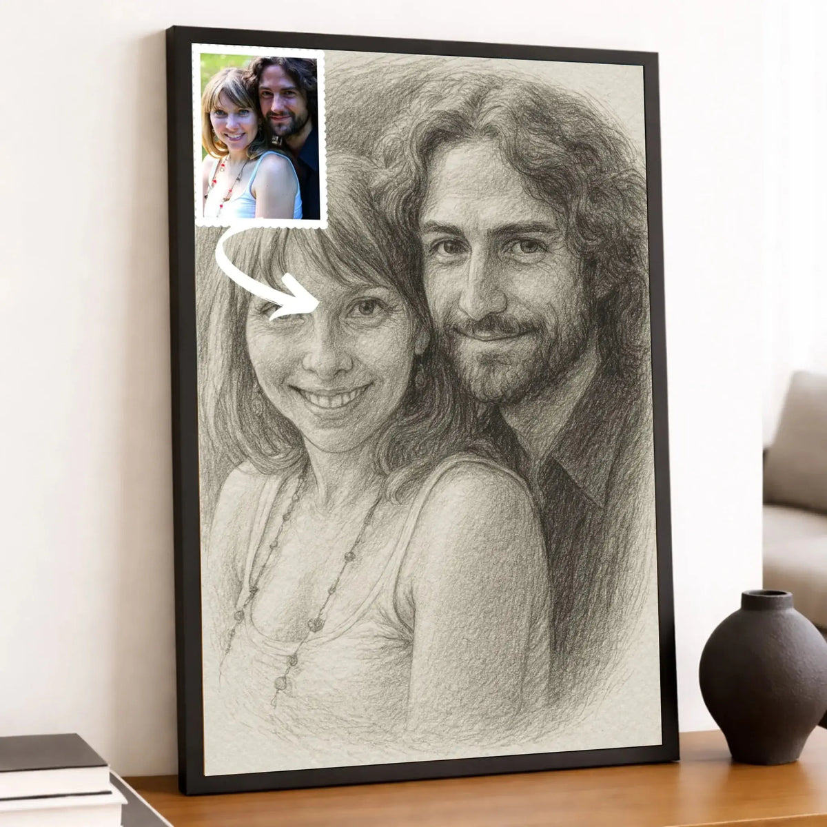 Toile personnalisée effet dessin au crayon graphite, portrait de couple, décoration salon
