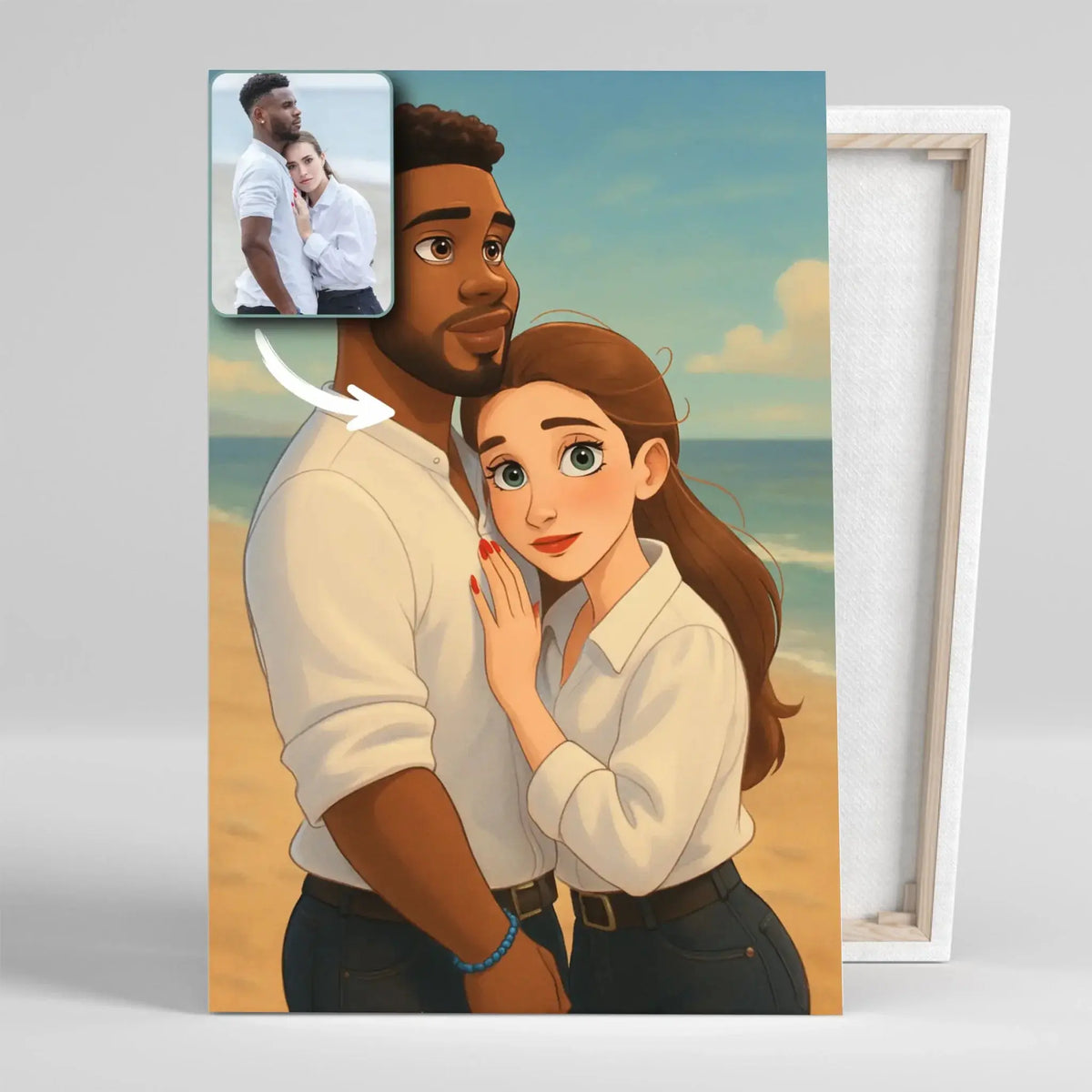Toile personnalisée style Disney posée sur un meuble bas, à côté d'un cadre blanc vide