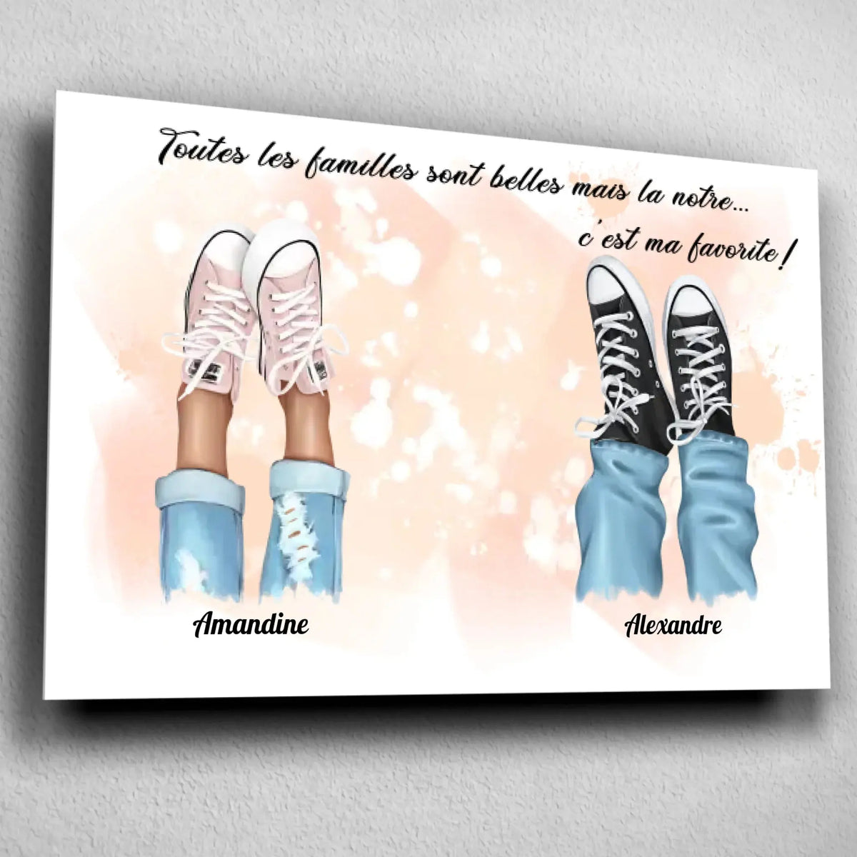 Toile famille personnalisée chaussures, gros plan inclinée avec ombre
