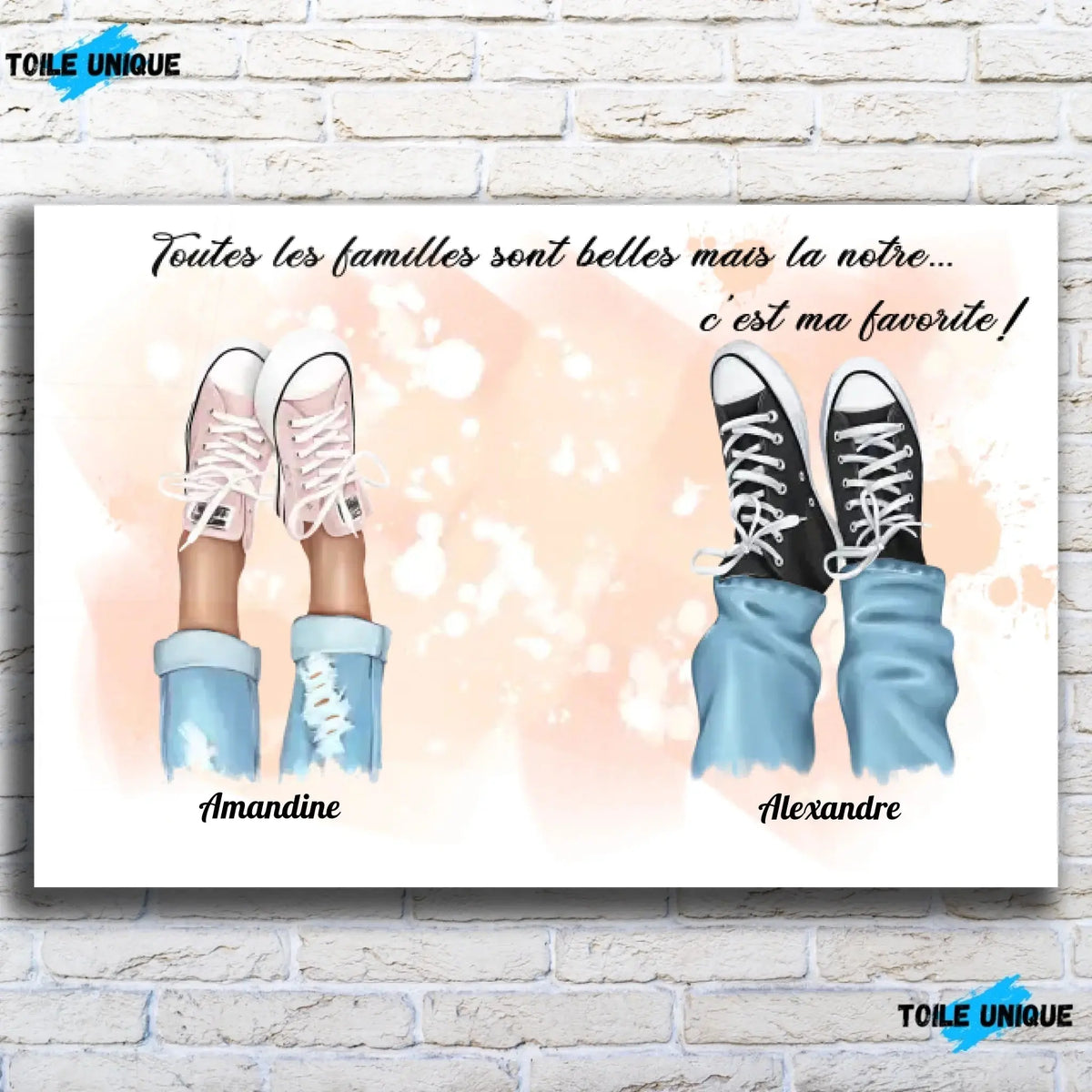 Toile famille personnalisée chaussures sur mur de briques, décoration industrielle