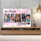 Toile famille personnalisée lettres MAMAN photo posée sur un meuble bas, gros plan