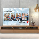 Toile famille personnalisée lettres MAMIE photo posée sur un meuble bas, gros plan