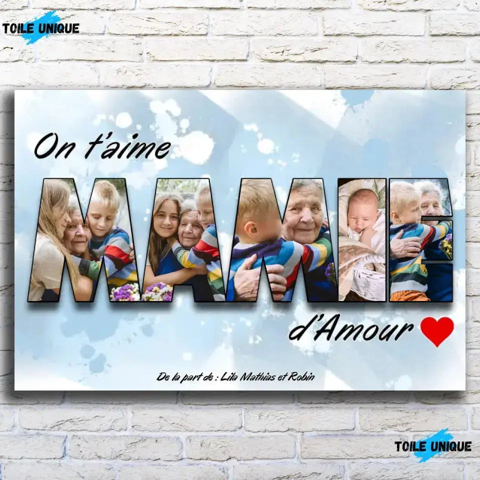 Toile famille personnalisée lettres MAMIE photo sur mur de briques, gros plan