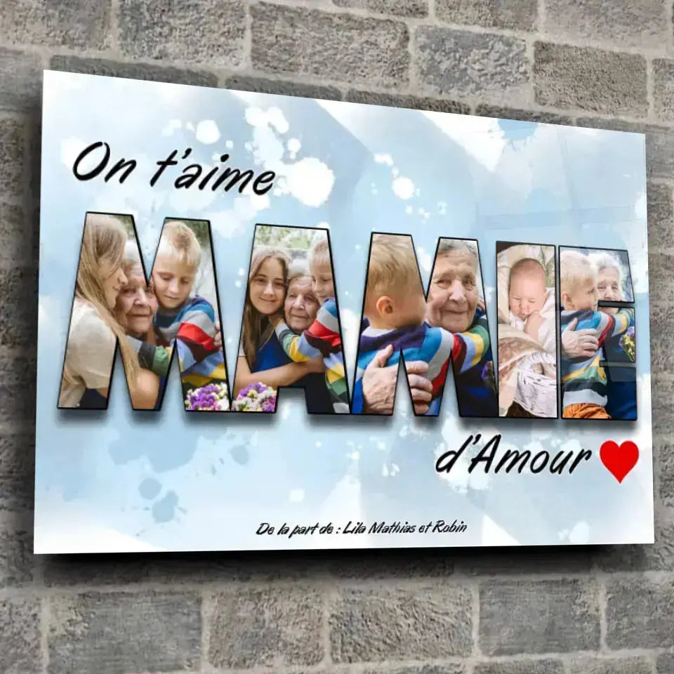 Toile famille personnalisée lettres MAMIE photo sur mur de briques, décoration industrielle