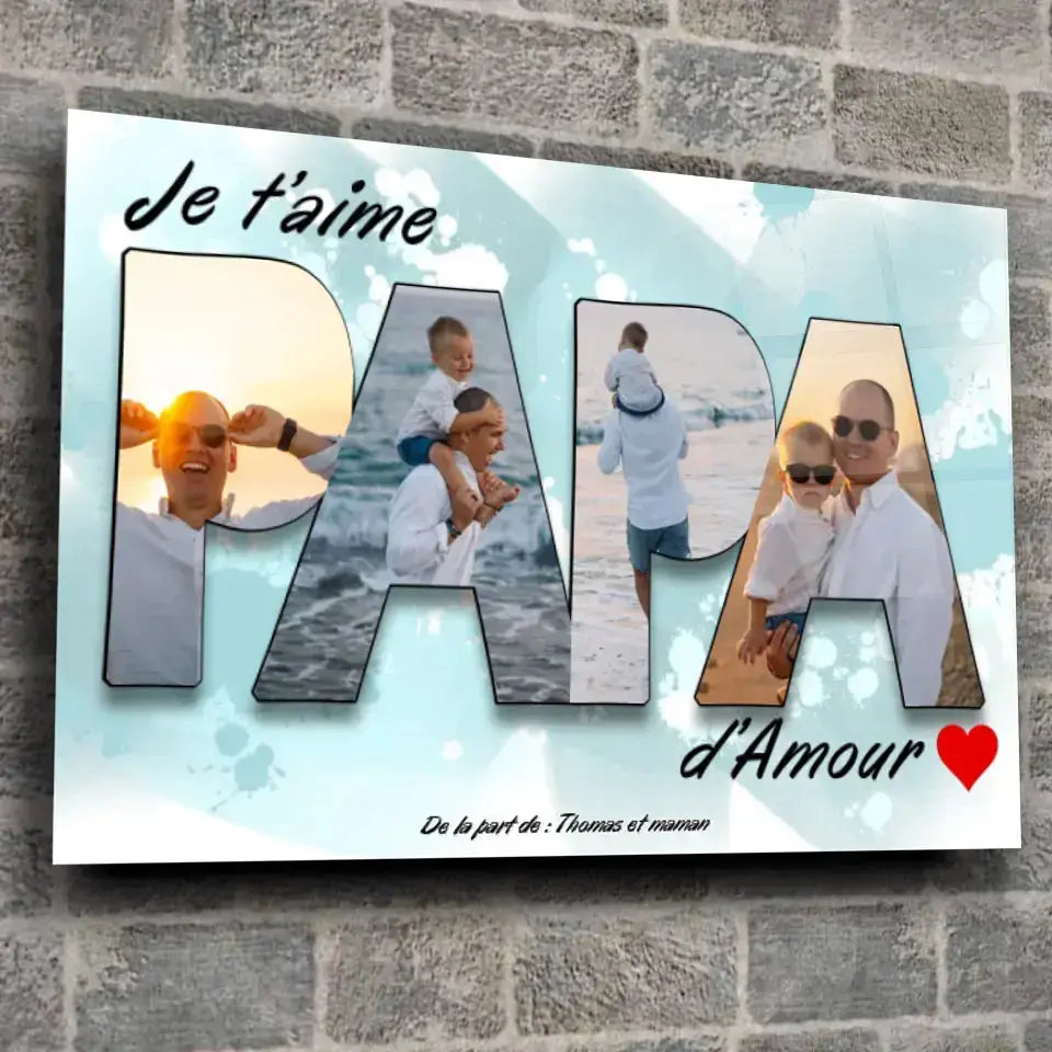 Toile famille personnalisée lettres PAPA photo sur mur de briques, décoration industrielle